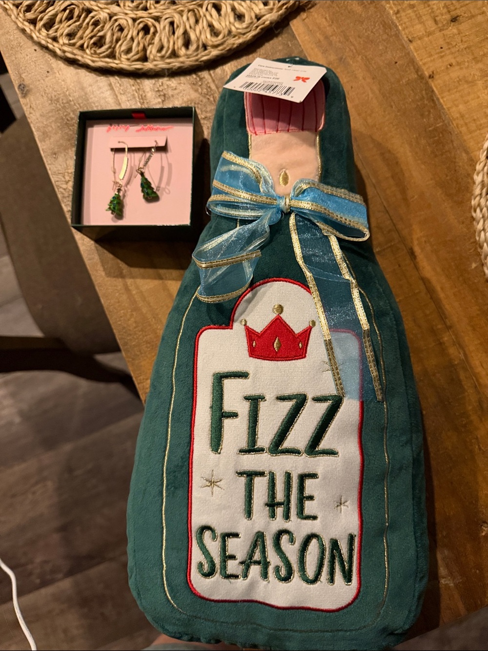 Festive 'Fizz The Season' Bottle Pillow - Green Betsy Johnson tree earrings nwt